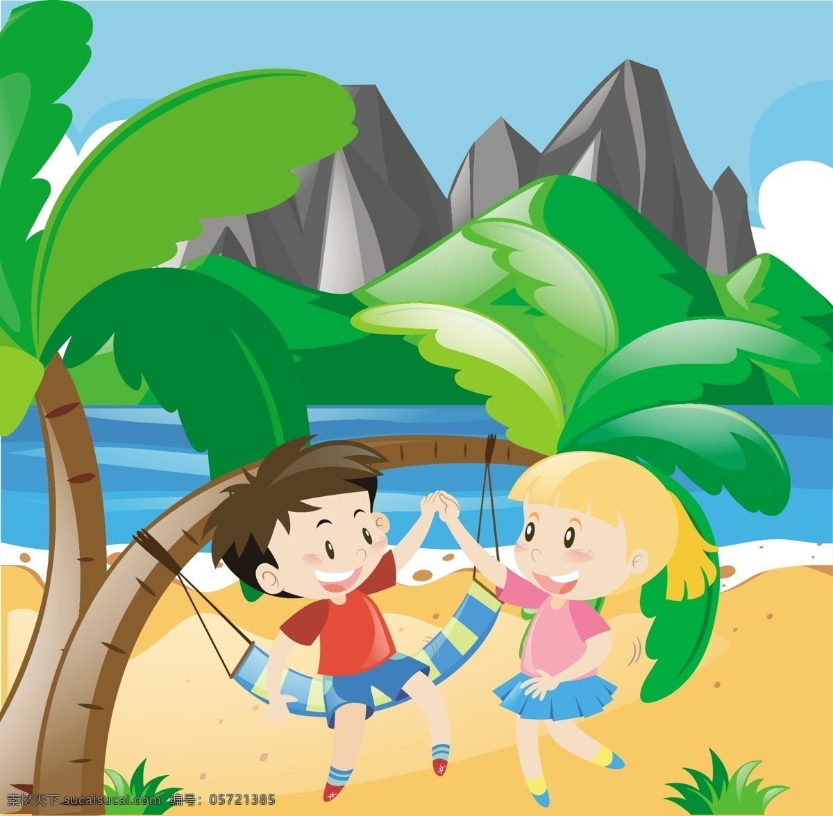 海滩 上 玩耍 孩子 背景 树 墙纸 颜色 男孩 五颜六色 棕榈树 色彩 丰富 背景颜色 吊床