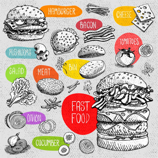 汉堡包 美食 素描 图标 图标设计 矢量图标 卡通图标 图形 图案 按钮图标 标志图标 矢量素材 蔬菜 肉