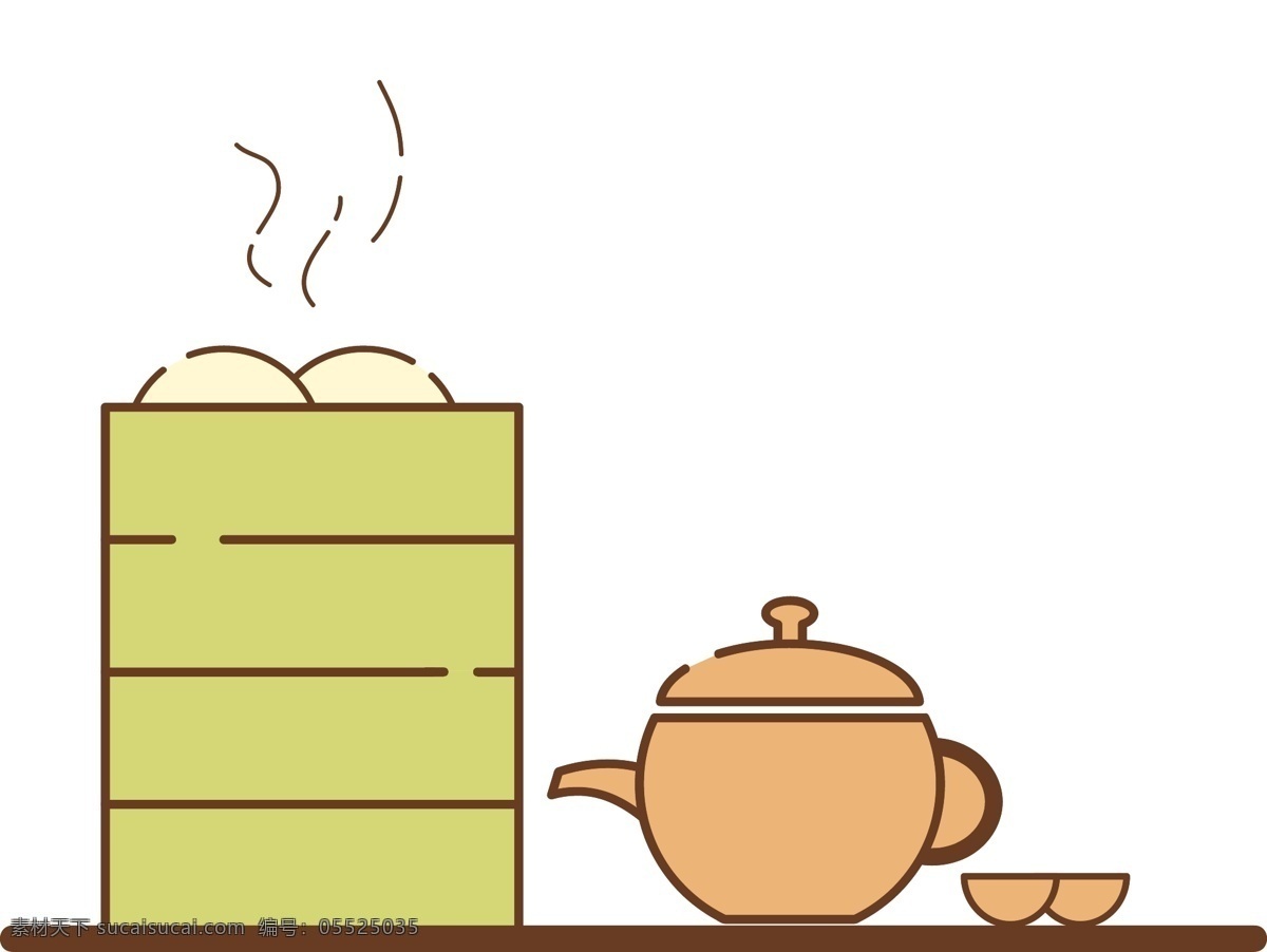 喝 早茶 点心 图标 可爱 清新 风格 蒸包 茶壶 茶 茶杯 简约 蒸汽 包子