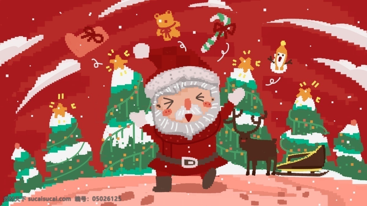圣诞节 复古 插画 红色 绿色 粉色 黄色 白色 圣诞老人 鹿 雪橇 礼物 圣诞树 松树 脚印 圣诞帽 白云 积雪 灯 可爱 快乐 开心 插图 朋友圈配图 公众号配图 像素 马赛克 微博配图
