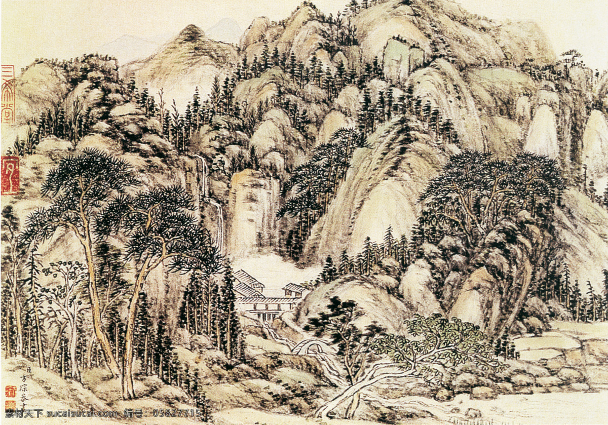 山水 名画 书画名家 方 琮 真迹 溪桥 深 翠 图 局部 长卷 古画 山水画 书画真迹 中国水墨画 名家方琮 纸本 设色 群山起伏 林木茂蔚 壑藏曲水 豁开清溪 文化艺术