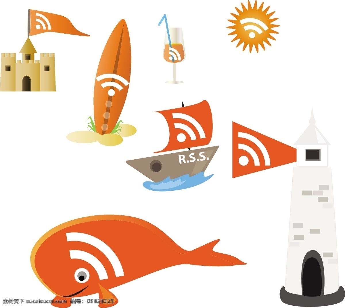 儿童 插画 矢量 素材图片 城堡 灯塔 帆船 海洋 鲸鱼 饮料 饮品 自然风景 自然景观 滑浪板 插画集