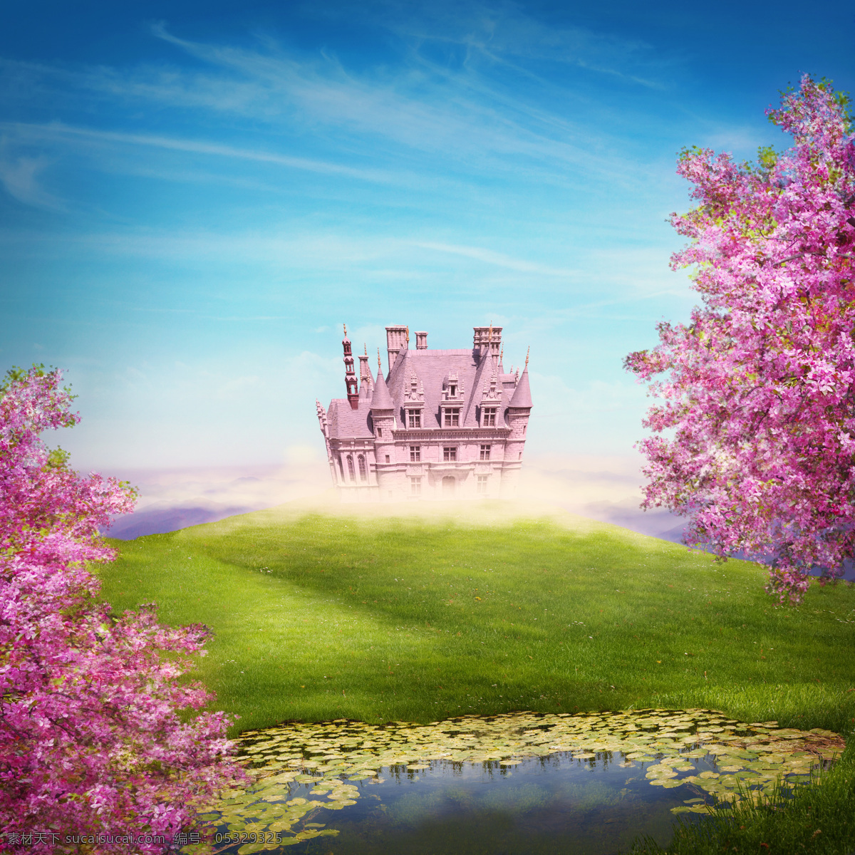 荷塘 草地 城堡 开花的树 建筑 城堡图片 风景图片
