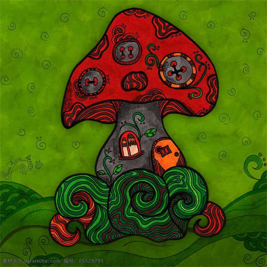 蘑菇房子插画 插画集 插图素材 蘑菇房子 色彩 童话 插 画集 绚丽色彩填色 绿色