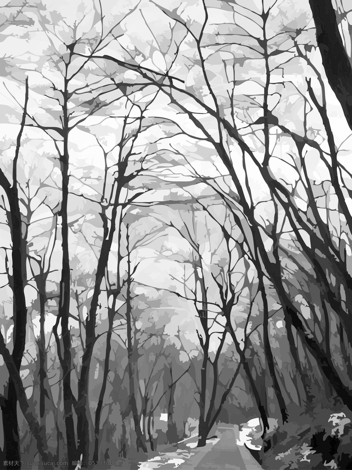 矢量 高清 冬季 树林 插画 枯树枝 黑白 元素 清晰 文艺 树枝 小路