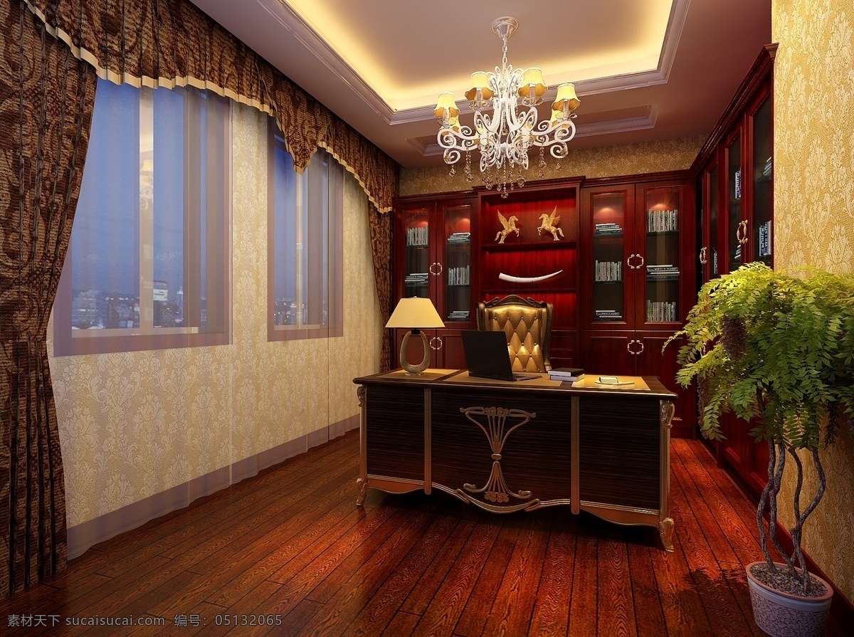 豪华 欧式 装修 风格 办公桌 窗帘 吊灯 3d模型素材 室内装饰模型