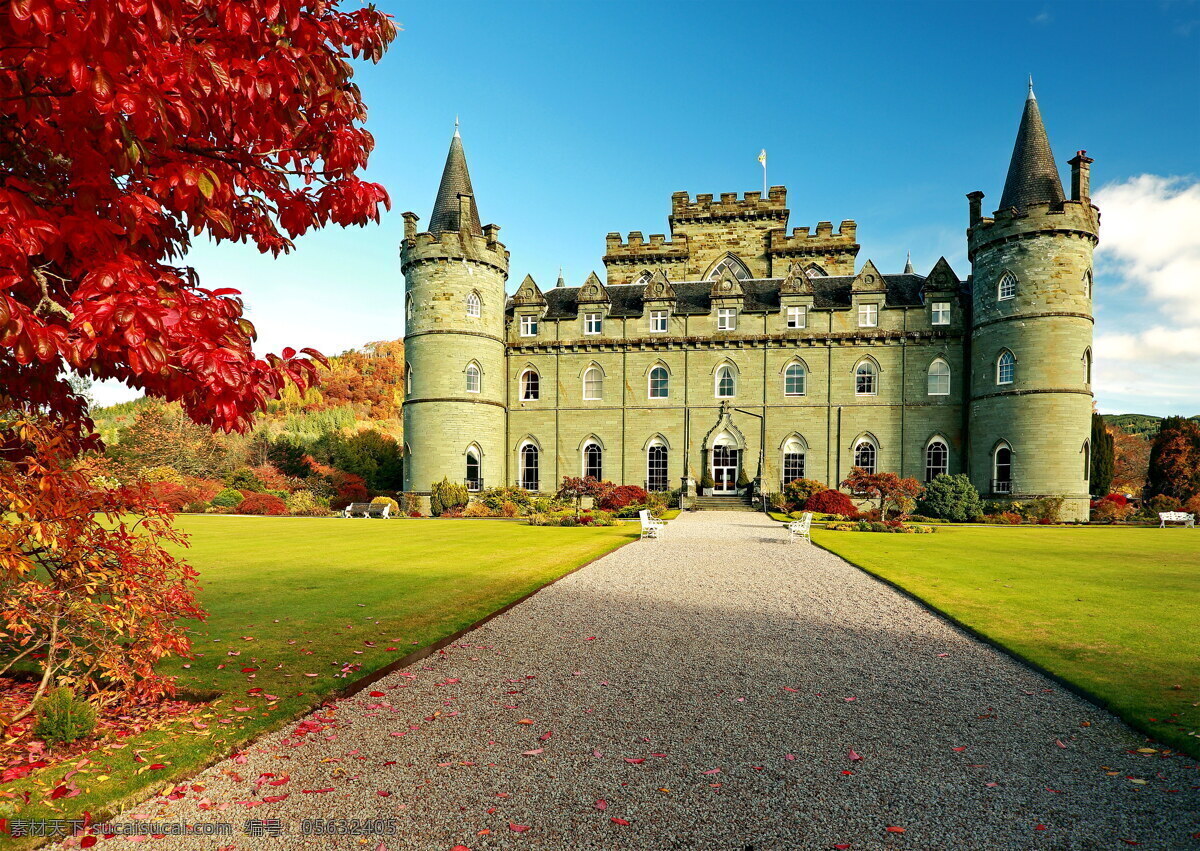 inveraray castle 因弗拉雷城堡 苏格兰 古堡 豪宅 别墅 宫殿 草地 园林 红叶 秋天 壮观 建筑 城堡 建筑园林 建筑摄影