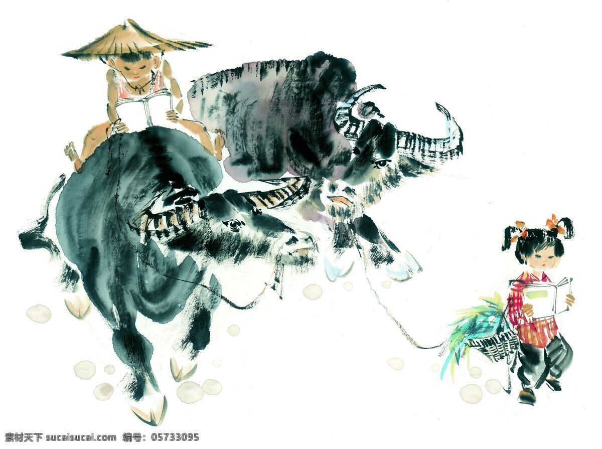 牧童 骑 牛 传统 国画 工笔重彩 骑牛 装饰素材 室内装饰用图