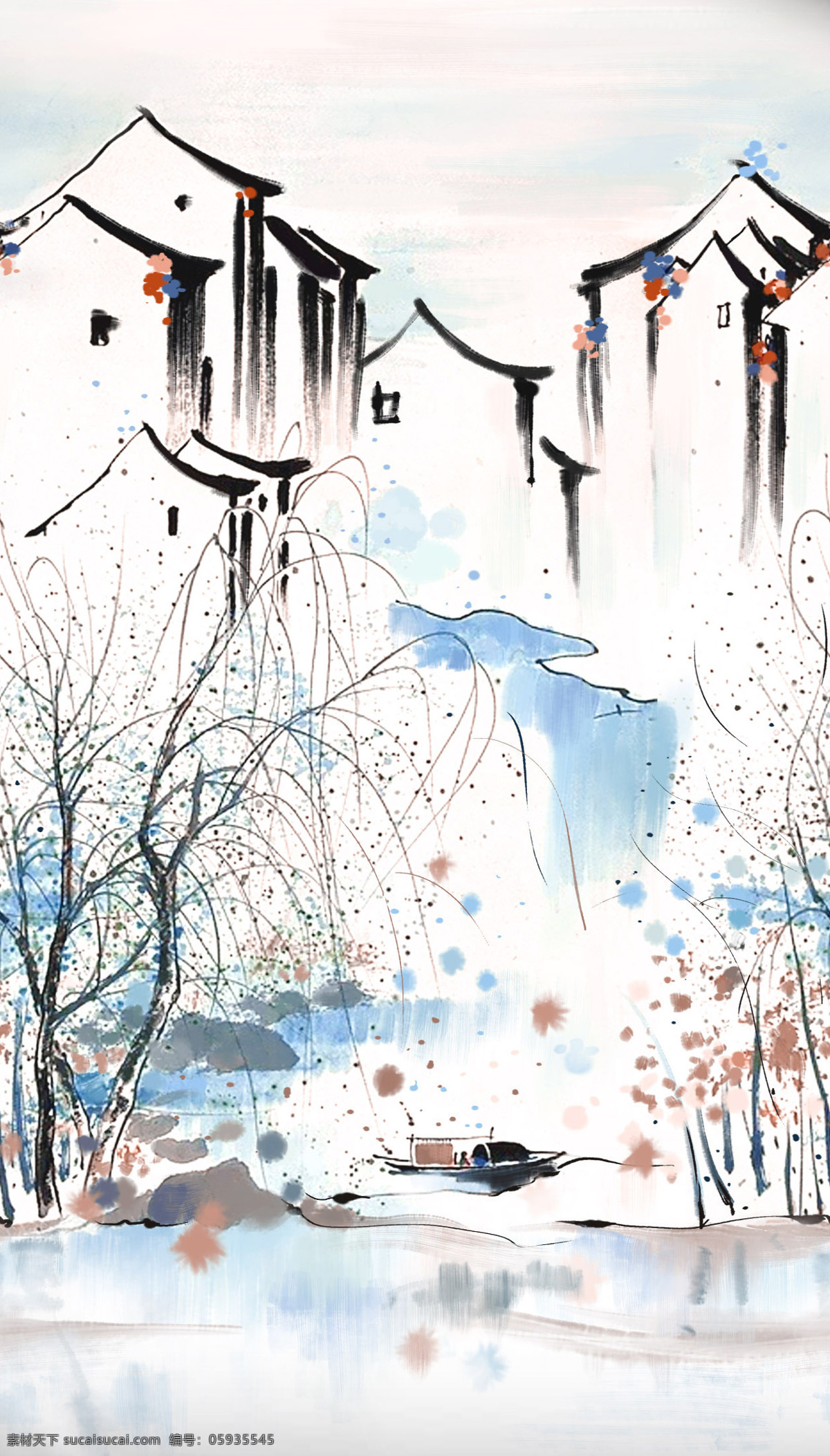 江南水乡 水乡 小船 水墨山水 柳树 小桥流水 白色