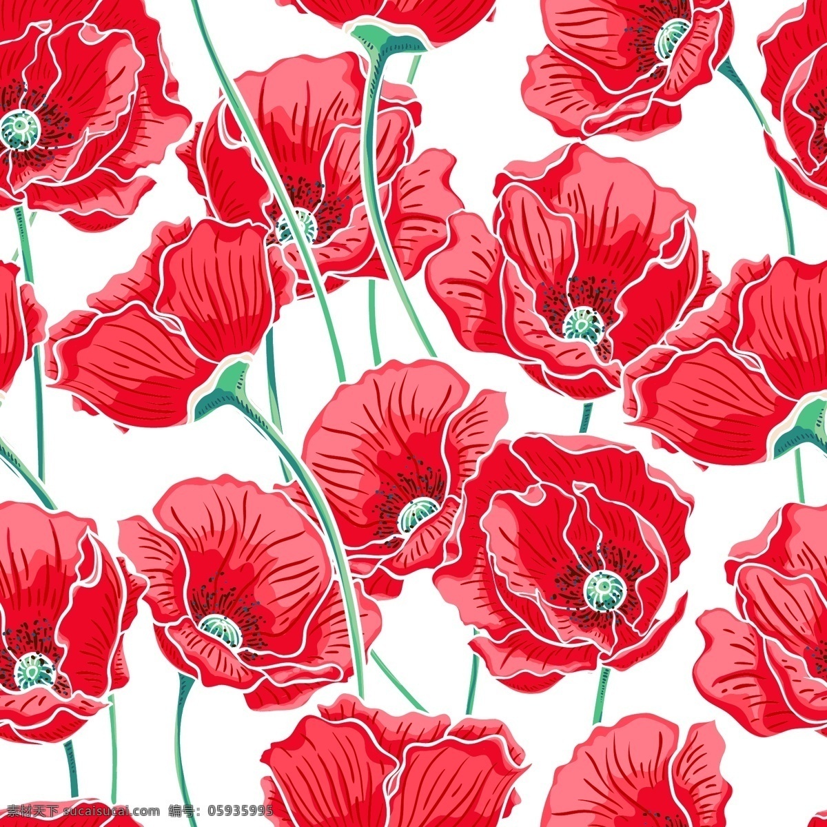 红色 罂粟花 无缝 背景 矢量图 彩 花卉 无缝背景