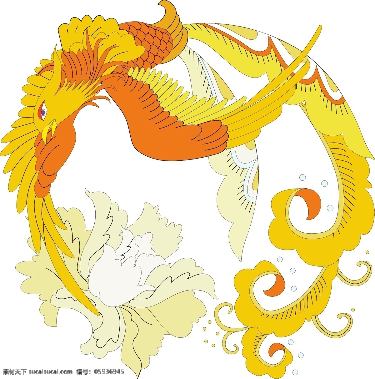 金色凤凰 白色花朵 展翅高飞 牡丹 中国 传统 龙凤 图案 传统文化 文化艺术 矢量