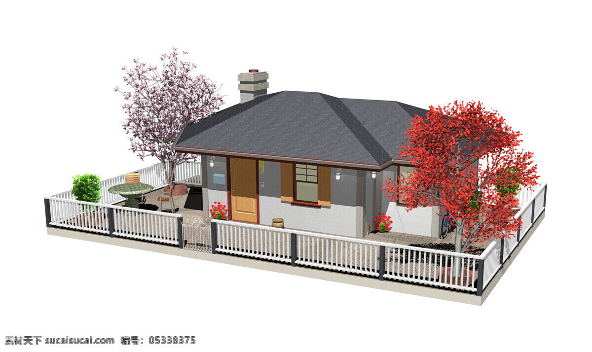 房前 树 围栏 房子 房子模型 房子设计 3d房子 建筑 建筑设计 环境家居
