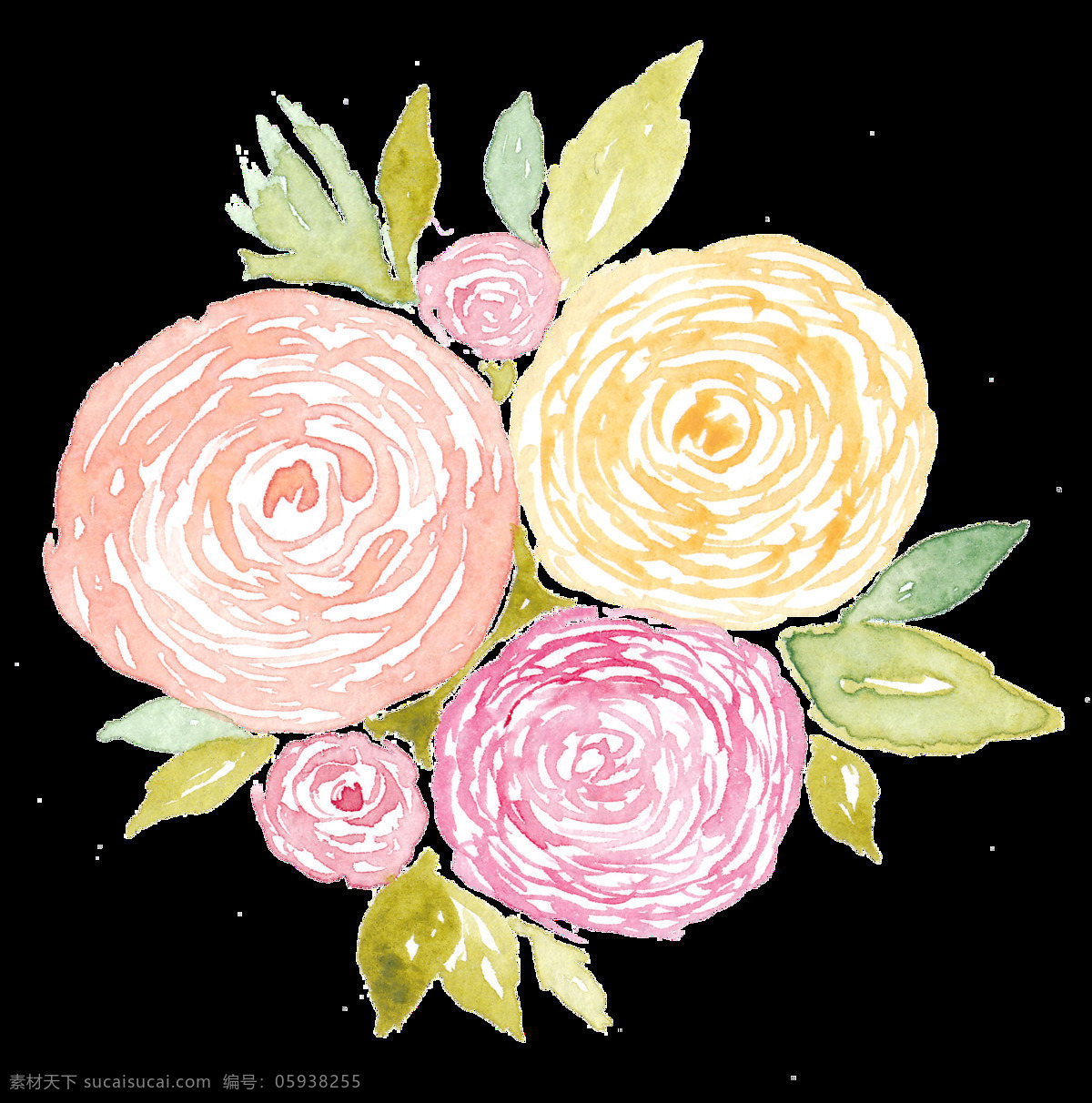 手绘 水彩 花 透明 粉红色 黄色 五朵花 两朵小花 叶子 透明素材 免扣素材 装饰图片