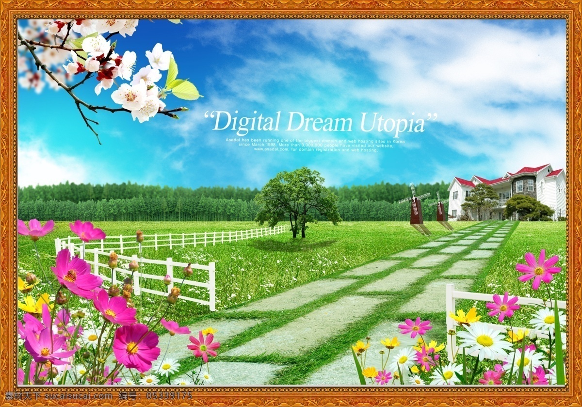 韩国风景画 中堂画 分层插画 格式 psd格式 设计素材 风景画篇 中堂画篇 psd源文件 青色 天蓝色