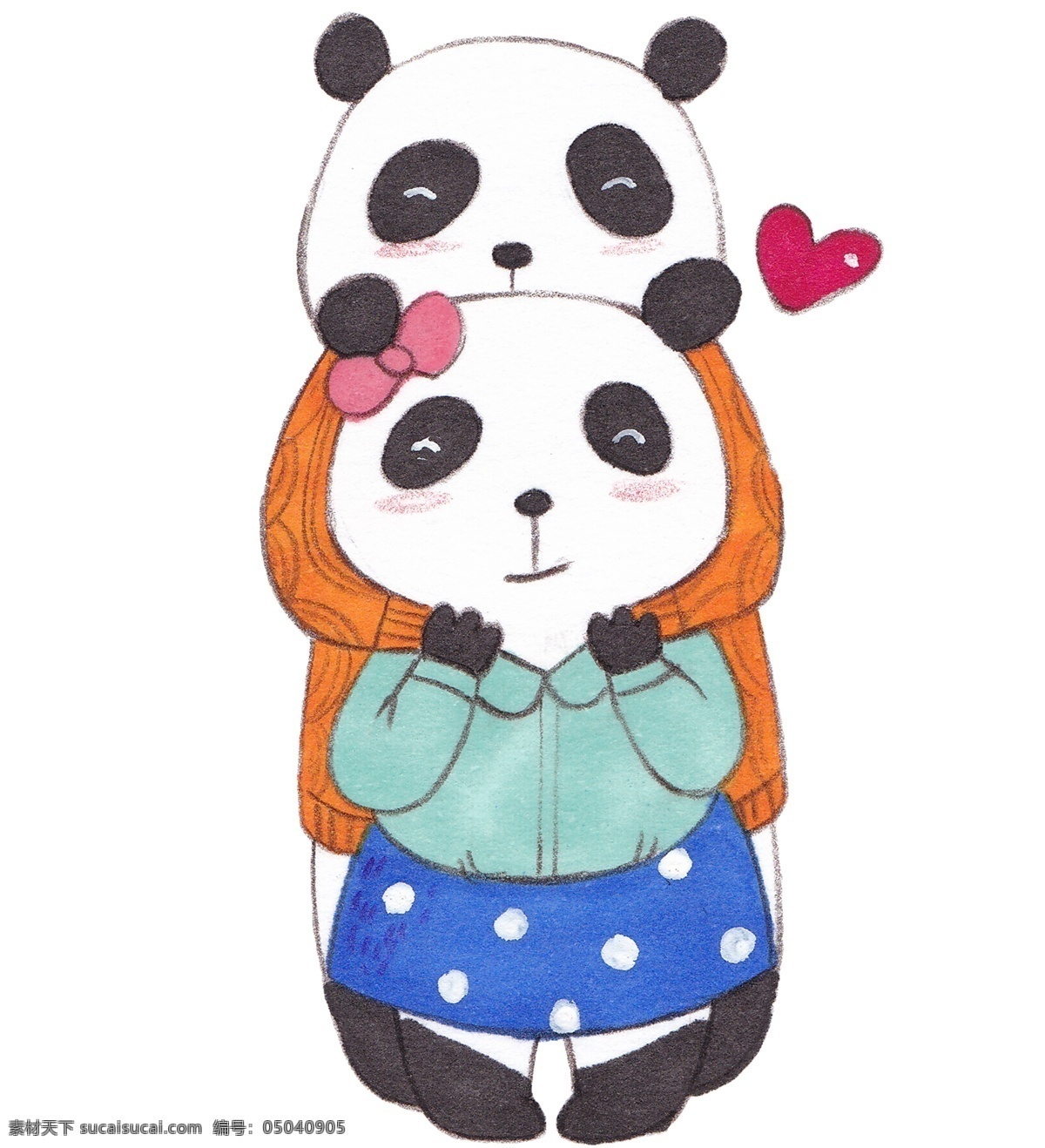 情侣 熊猫 手绘 插画 可爱 黑色 白色 大熊猫 蓝色的裙子 白色的斑点 棕色的衣服 红色的爱心