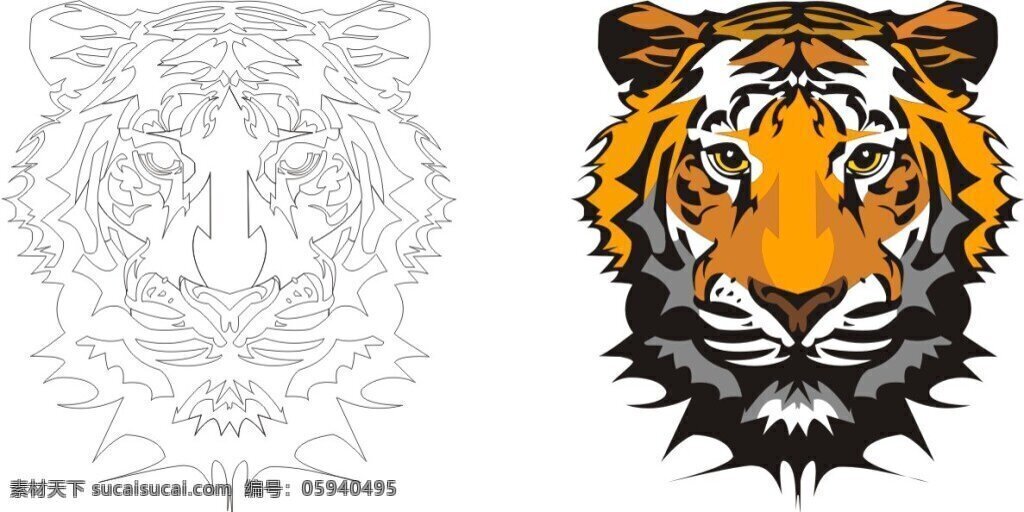 老虎抠图插画 老虎 贝塞尔抠图 线条 色块