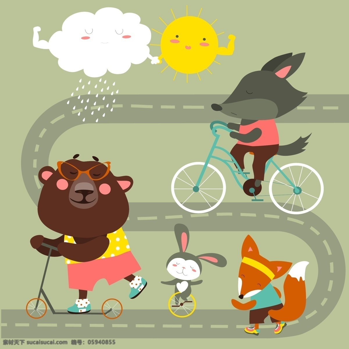 马路 上 骑 行 动物 卡通动物 骑行 骑自行车 汽车 矢量动物 太阳