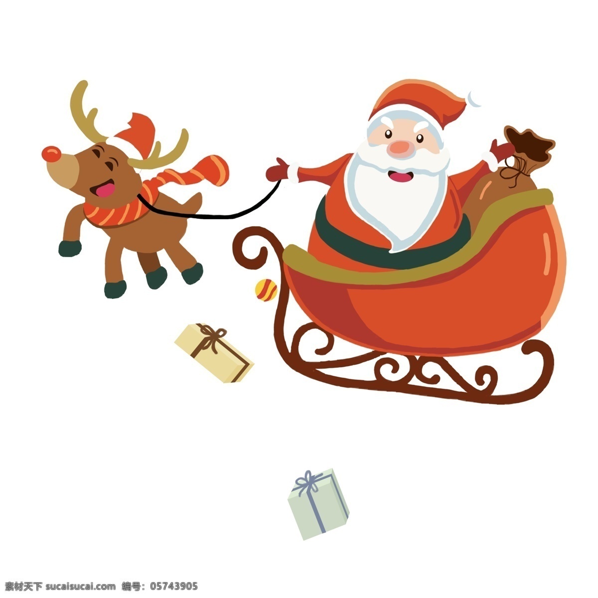 手绘 骑 雪橇 派 礼物 圣诞老人 创意 插画 圣诞节 开心 驯鹿 高兴