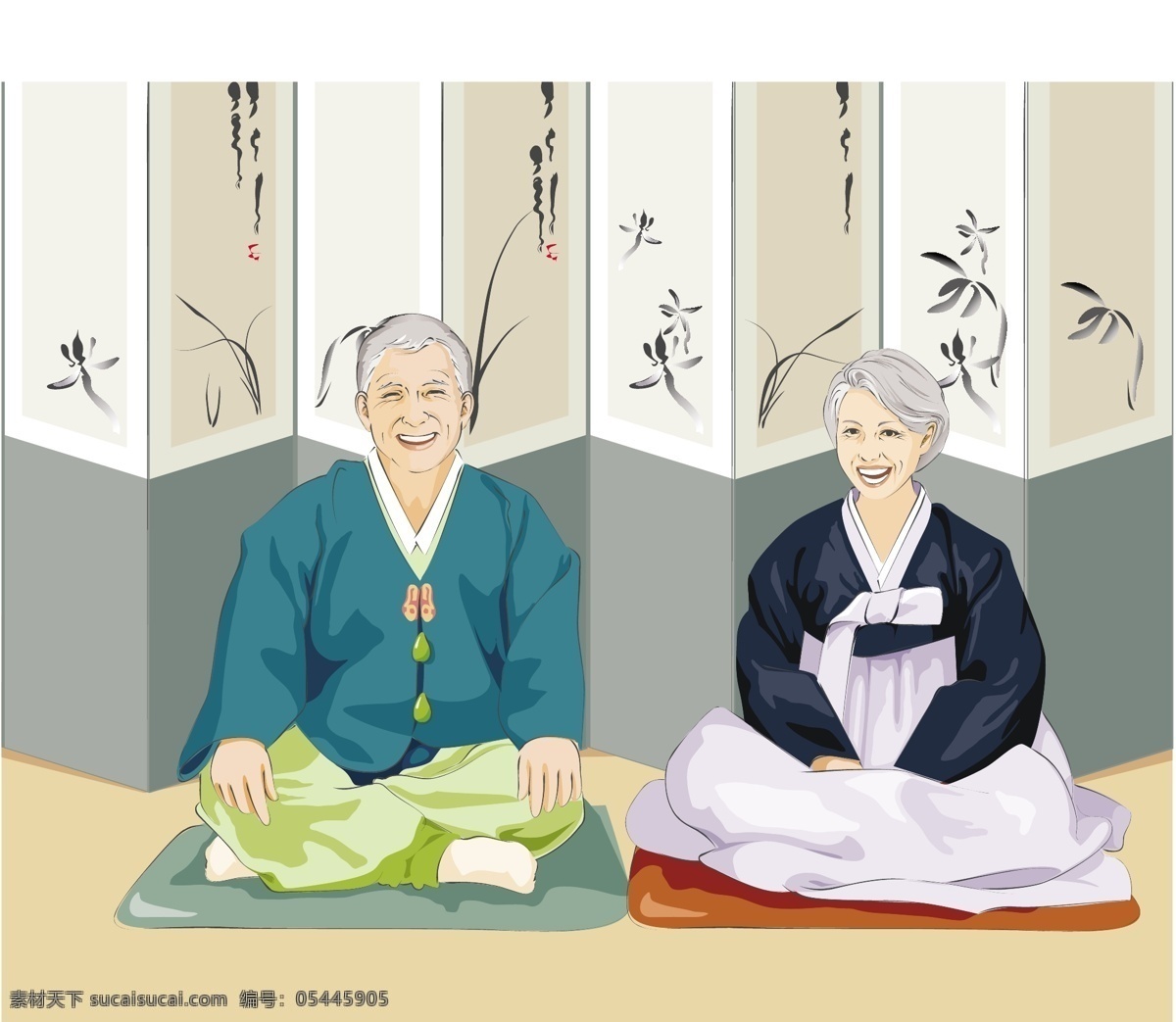 幸福的晚年 盘腿 坐在 屏风 前 坐垫 韩国 传统 服饰 韩式服装 白发苍苍 老年人 夫妻 恩爱 幸福 晚年 爷爷 奶奶 矢量 夕阳红 老人 白色
