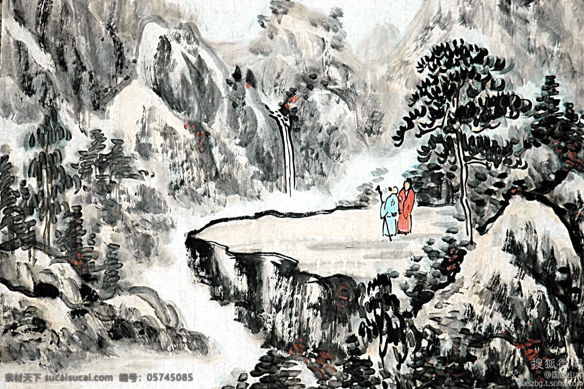 水墨 山水画 山水 石头 松树 家居装饰素材 山水风景画