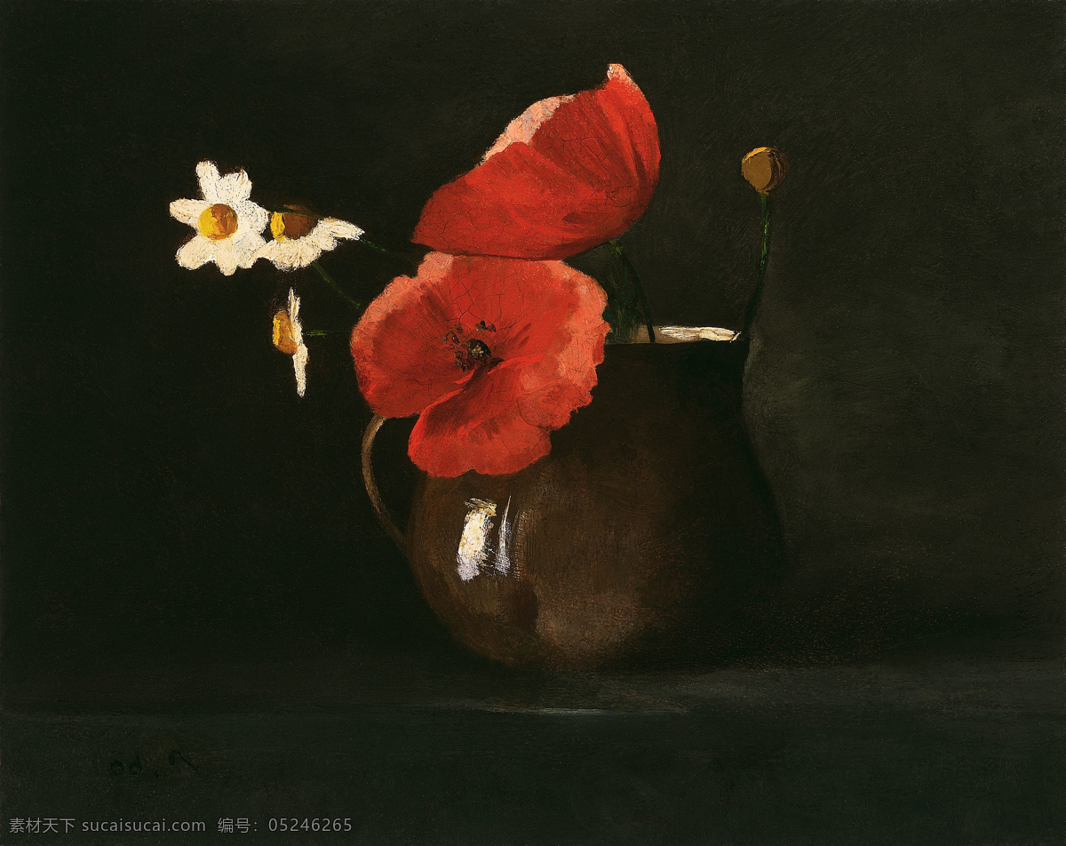 花瓶油画 花瓶 花盆 盆栽 红色花朵 红花 花朵 静物画 植物油画 国外油画 外国油画 油画绘画美术 文化艺术 绘画书法