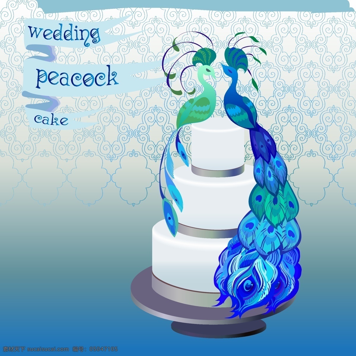 孔雀 蛋糕 邀请函 蓝色 花环 婚礼 矢量 高清图片