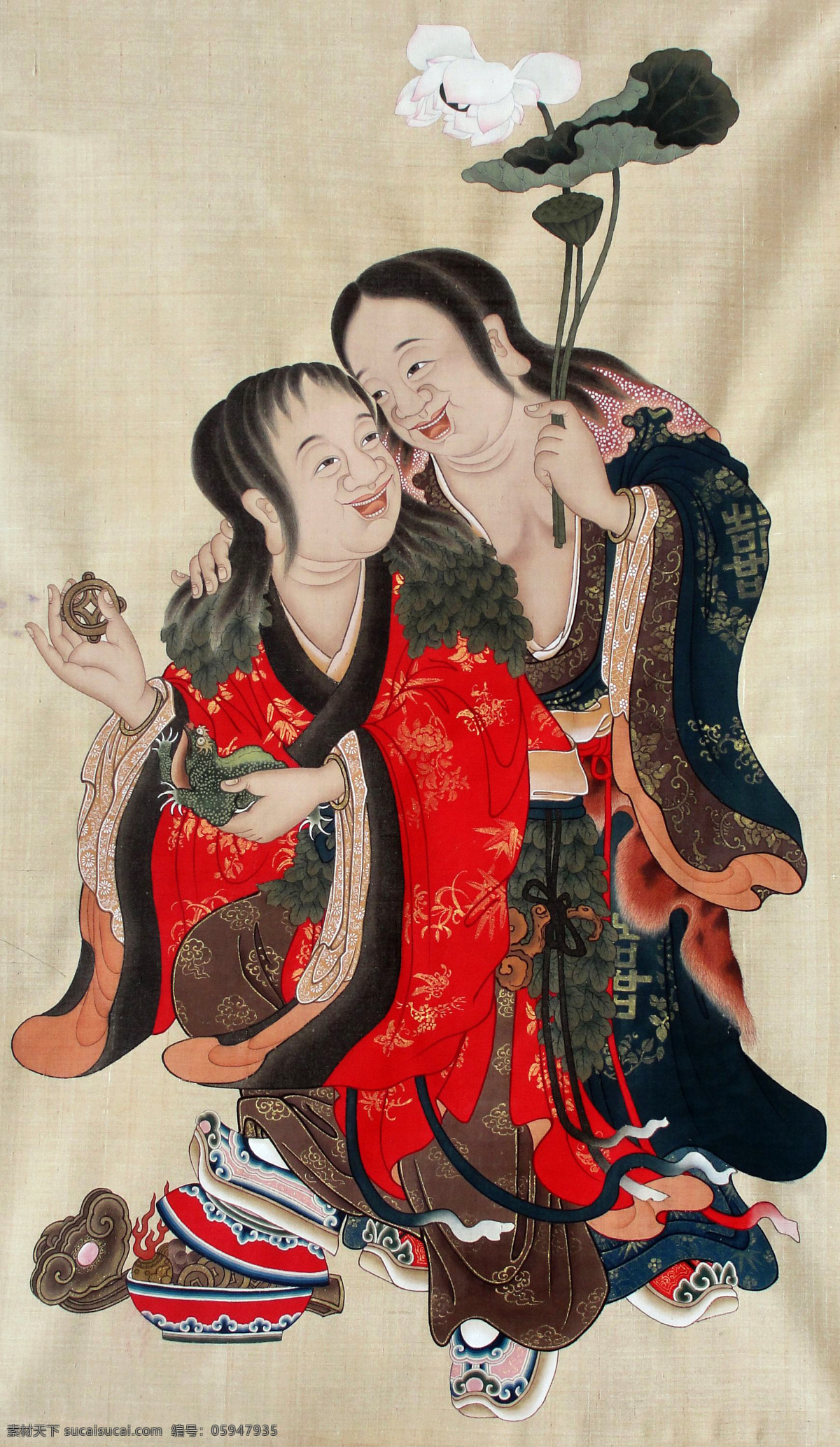 和合二仙 美术 中国画 神话人物 神仙 仙人 荷花 国画艺术 国画集85 绘画书法 文化艺术