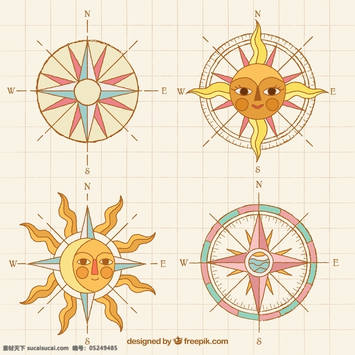 手绘 古老 指南针 方向 太阳 源文件 矢量 高清图片
