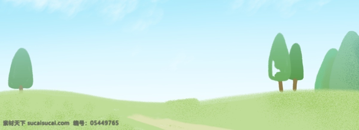 蓝色 春季 季节 背景 创意 卡通插画 大树 田野 风景