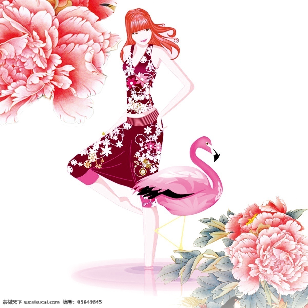 女孩 花朵 水 纹 丹顶鹤 水纹 丹顶鹤素材