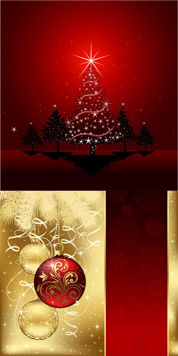 精美 圣诞 彩球 背景 矢量 圣诞节 星星 星光 倒影 圣诞树 红色