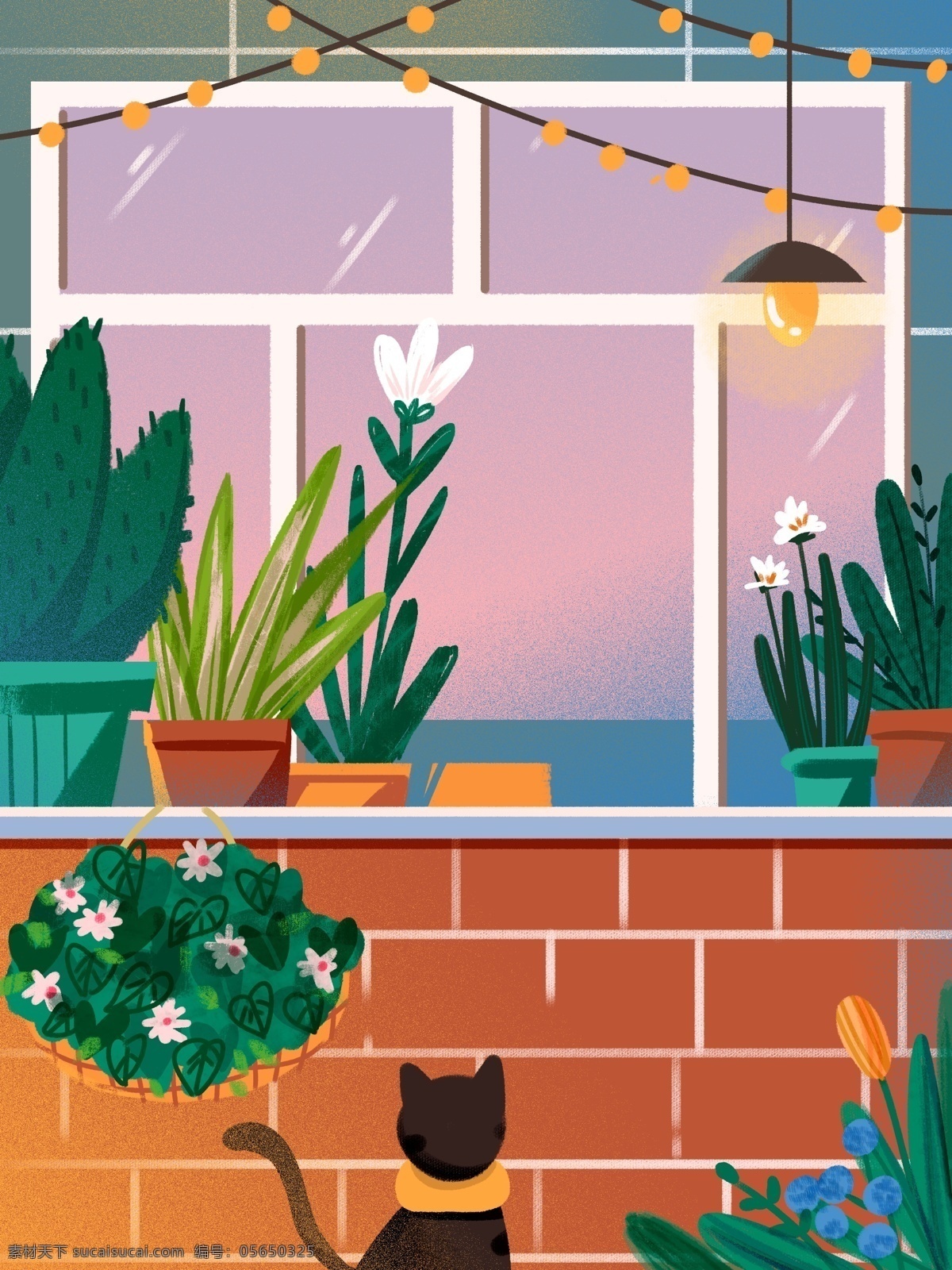 大气 简约 窗台 上 盆栽 插画 背景 窗台上的盆栽 通用背景 广告背景 背景素材 背景展板 小猫