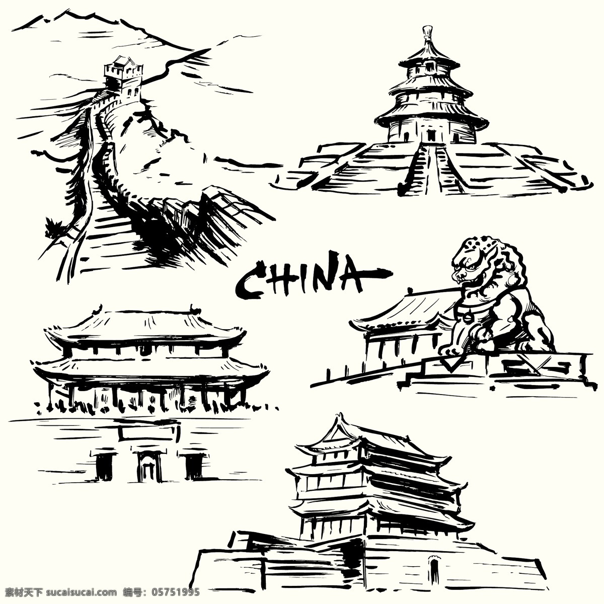 中国 著名 建筑 长城 石狮 天安门 中国著名建筑 矢量图 建筑家居