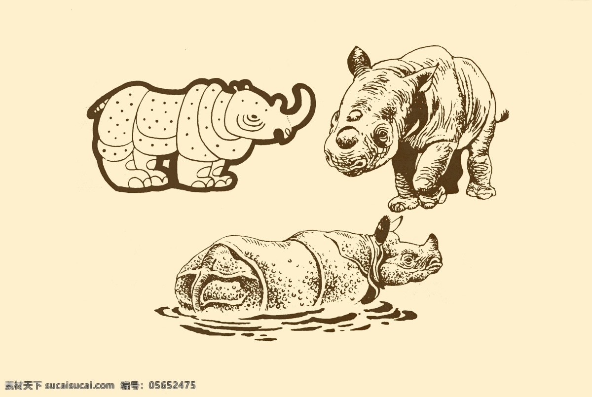 动物图案 犀牛 卡通 动物 纹样 图案 白描 简笔画 儿童画 独角兽 分层 源文件
