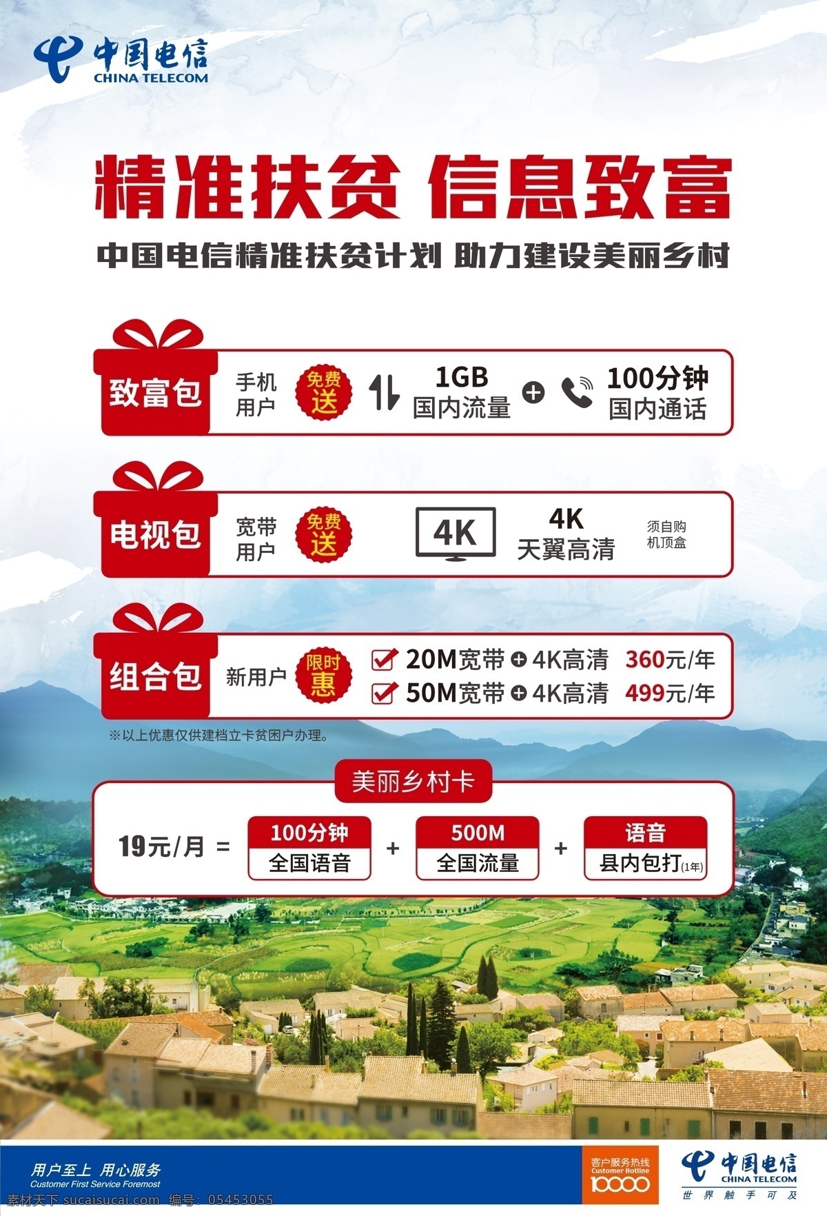 中国电信 精准 扶贫 海报 精准扶贫 礼包 小图标 蓝天 白云 高山 村庄
