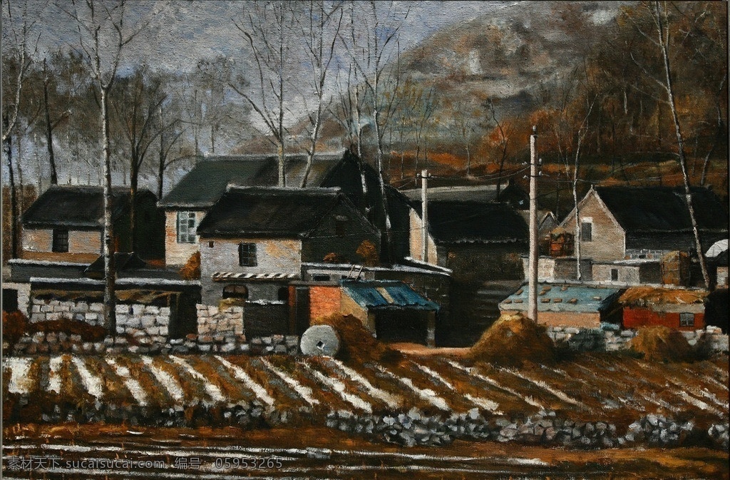 农村 油画 绘画 风景油画 房子 绘画书法 文化艺术