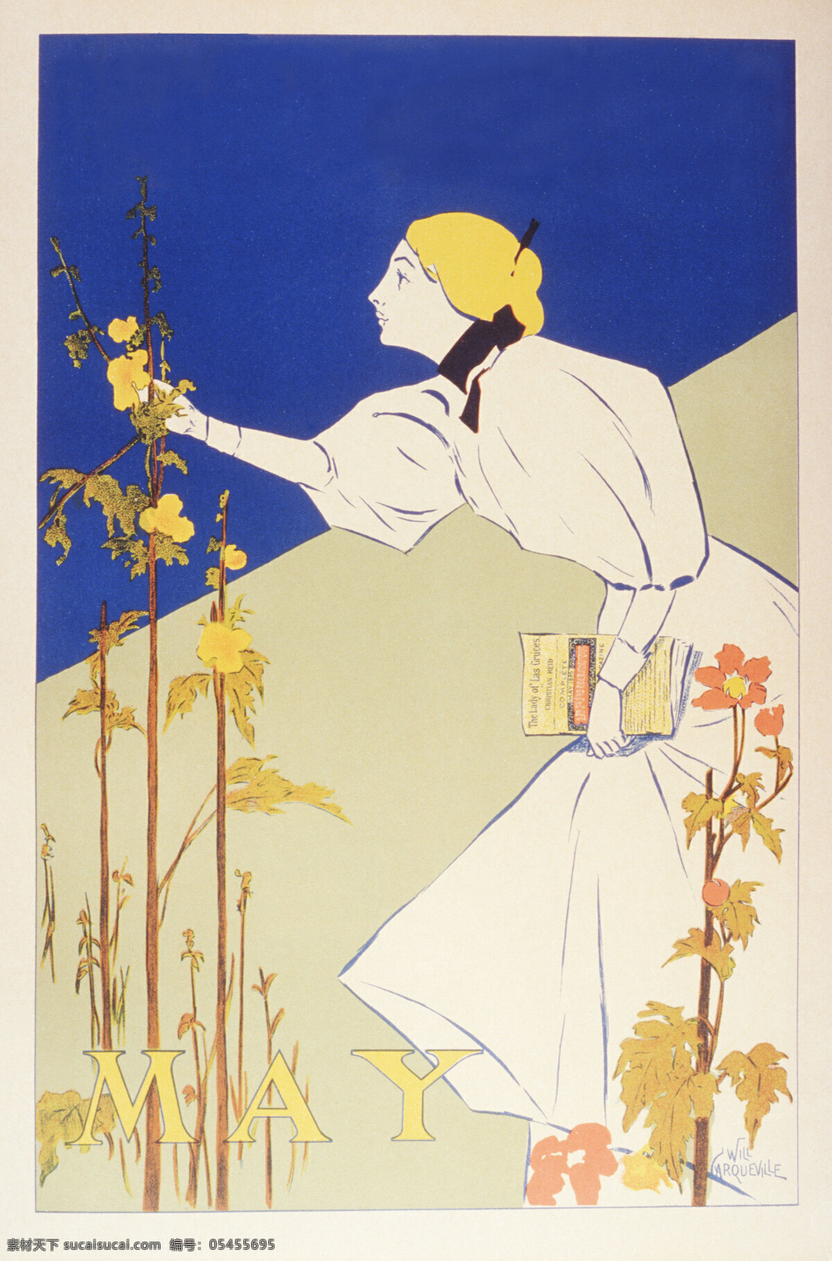 国外 花朵 黄色 蓝色 女人 欧式海报 欧洲 海报 设计素材 人物 摘花 招贴设计 其他海报设计