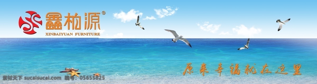 鑫柏源家具 logo 家私 大海 海鸥 海星 海岸 海边背景 兰色大海 海报 展板模板