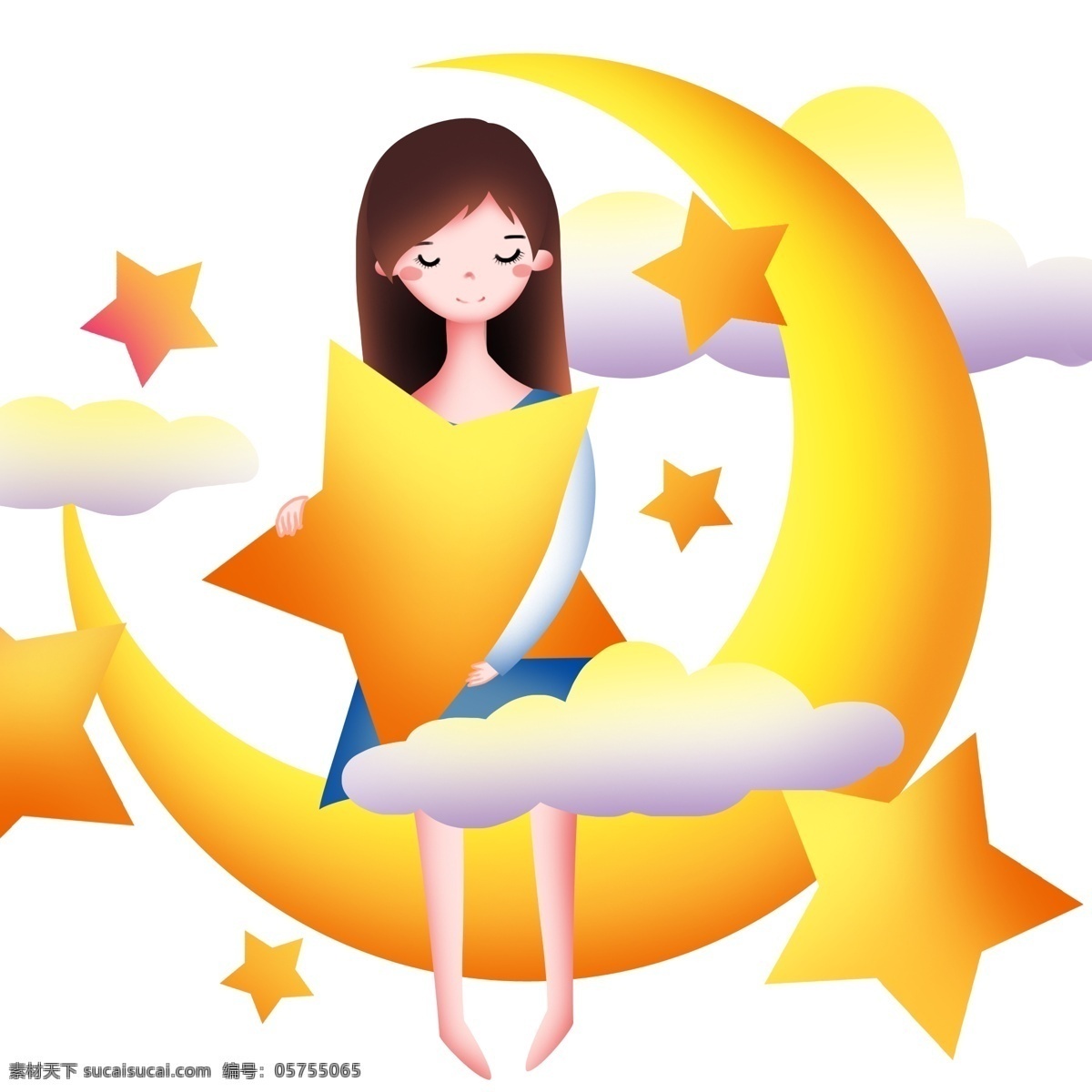 月亮 上 睡觉 女孩 世界 睡眠 日 插画 黄色的月亮 黄色的星星 白色的云朵 卡通人物 打呼噜