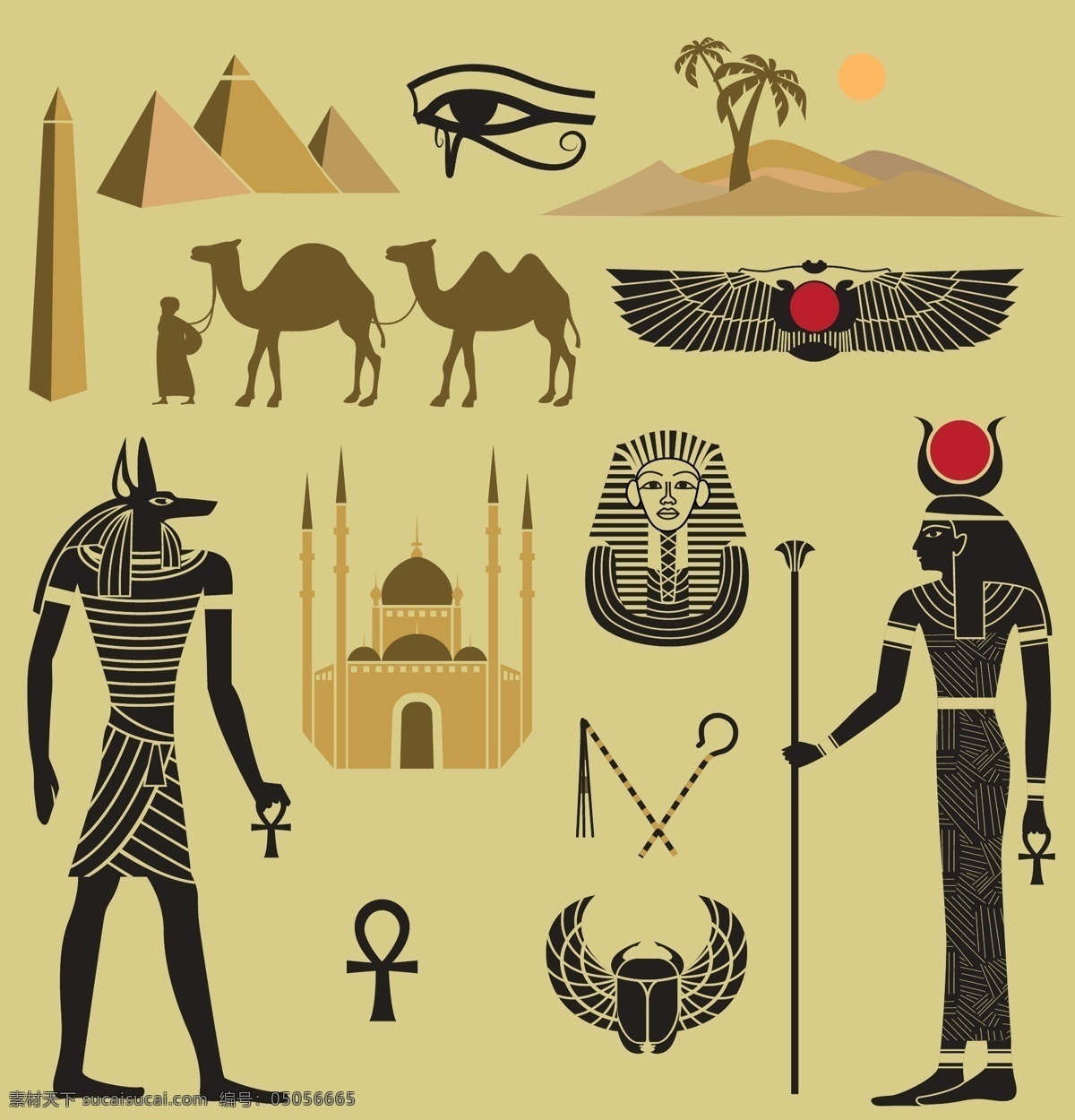 卡通 埃及 元素 图标 金字塔 狮身人面像 石窟 陵墓 图腾 天神 矢量 高清图片