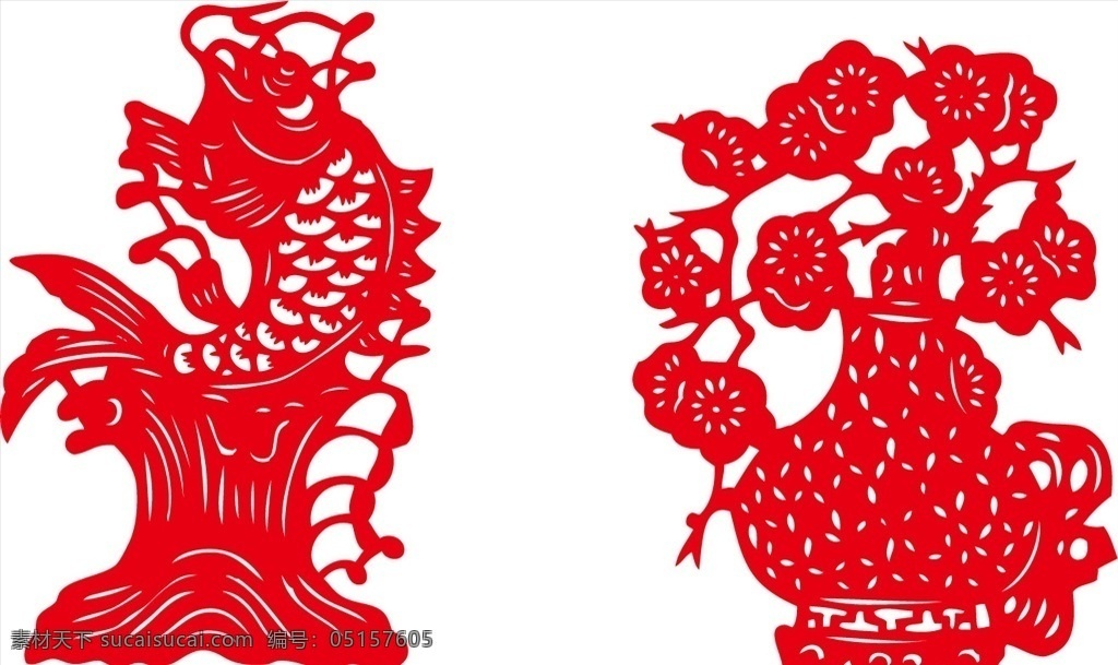 剪纸图片 剪纸 红色剪纸 鱼跃剪纸 花瓶 吉祥 祥瑞 传统素材 文化艺术 传统文化