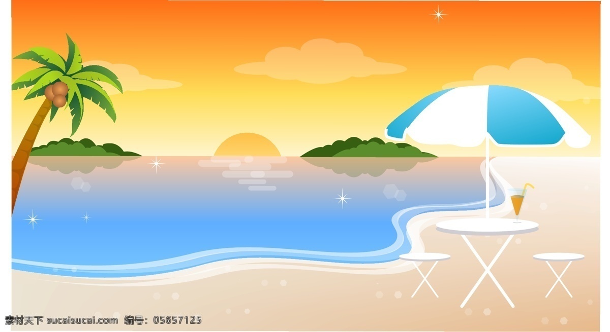 卡通漫画 背景 矢量图 海边 卡通背景 卡通风景 落日 沙滩 夕阳 椰树 其他矢量图