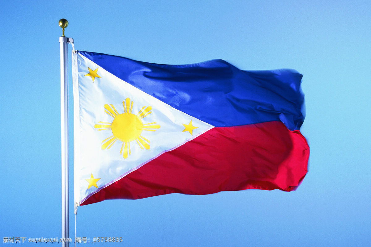 菲律宾国旗 菲律宾 国旗 旗帜 飘扬 旗杆 天空 文化艺术 摄影图库