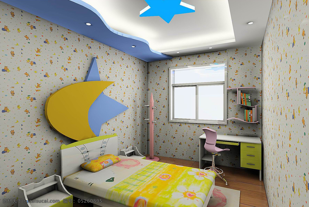 儿童 卧室 床 儿童卧室 房间 环境设计 室内设计 桌子 设计素材 模板下载 家居装饰素材