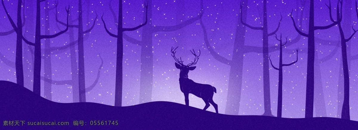 全 原创 手绘 雪景 鹿 树林 插画 背景 创意 紫色 浪漫 banner
