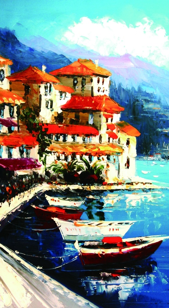 地中海油画 绘画 海边 房屋 绘画书法 文化艺术