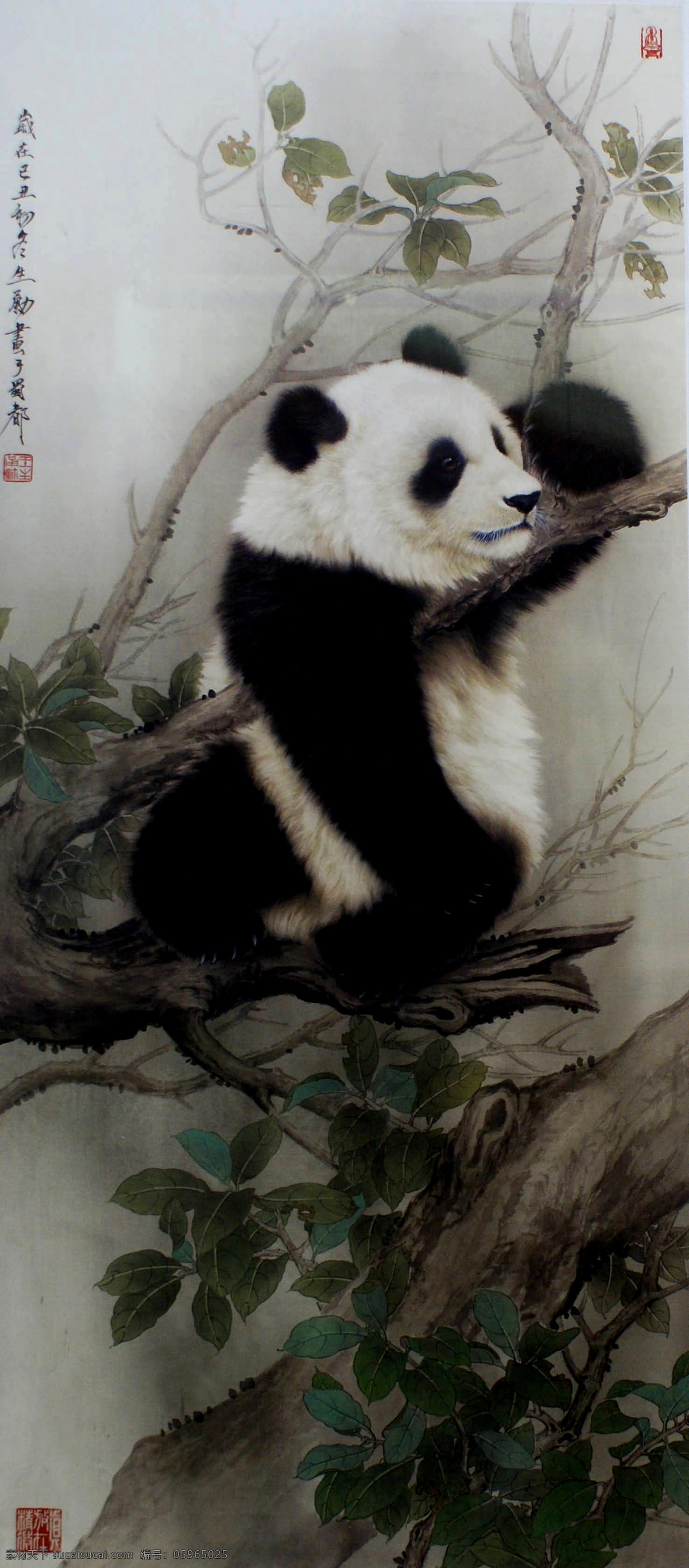 顽皮 熊猫 国宝 树干 树枝 绿叶 古典 国画 王申勇 工笔 花鸟 动物 名家工笔 绘画书法 文化艺术