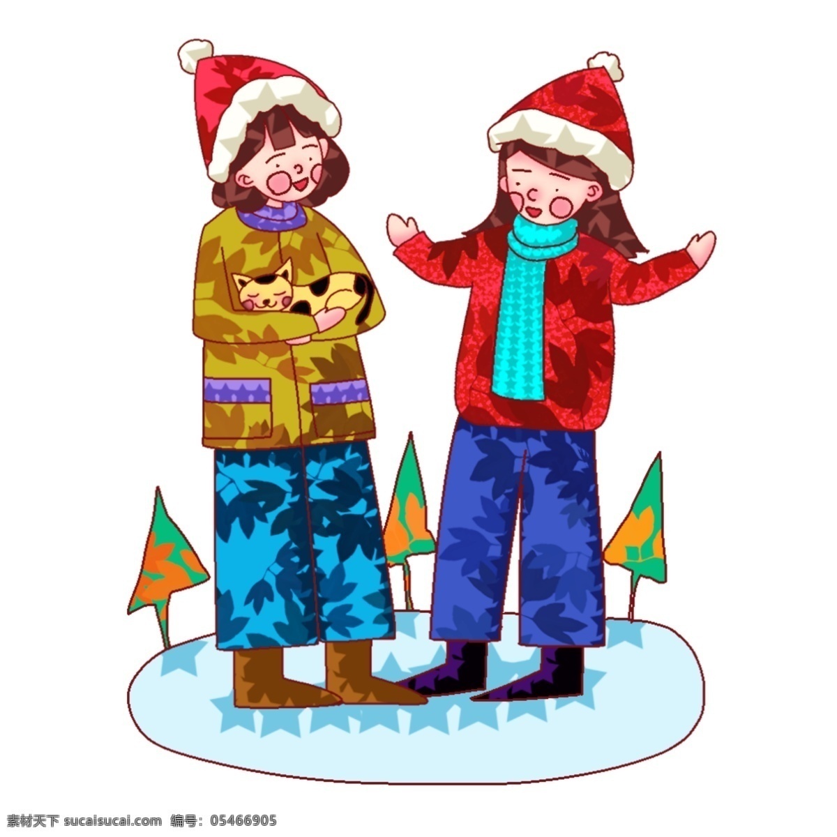 手绘 圣诞节 小伙伴 看 猫 女孩 雪地 毛衣 卡通 冬天 温馨圣诞 围脖 小树 靴子 圣诞帽 长裤 卷发 线描 长发