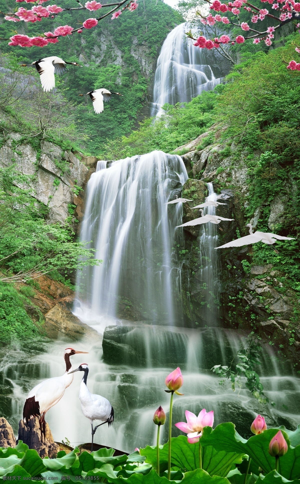 高山流水 瀑布 鹤 莲花 荷花 桃花 分层 背景素材