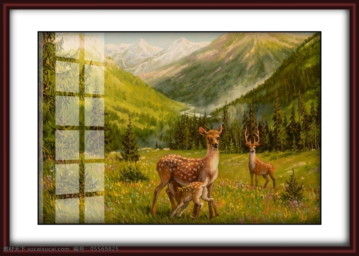 鹿 高山 绿草 树 蓝天 麋鹿 野生 山 天空 动物 生物世界 野生动物 相框装饰画 文化艺术 传统文化